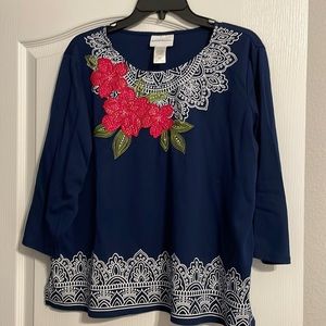 Alfred Dunner Navy Pink Floral Border Top